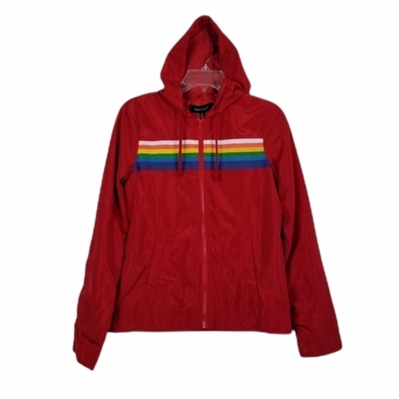 New Look Womens Red Rainbow Stripe Full Zip Jacket Hood Windbreaker Medium - Picture 2 of 12